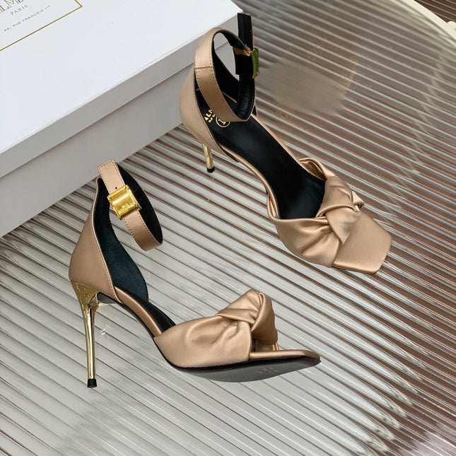 BALMAIN 25S KNOTTED HIGH HEELS 95MM IN LIGHT CARAMEL SATIN