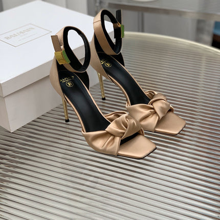 BALMAIN 25S KNOTTED HIGH HEELS 95MM IN LIGHT CARAMEL SATIN