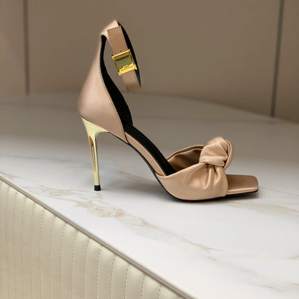 BALMAIN 25S KNOTTED HIGH HEELS 95MM IN LIGHT CARAMEL SATIN