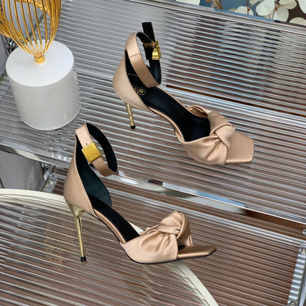 BALMAIN 25S KNOTTED HIGH HEELS 95MM IN LIGHT CARAMEL SATIN