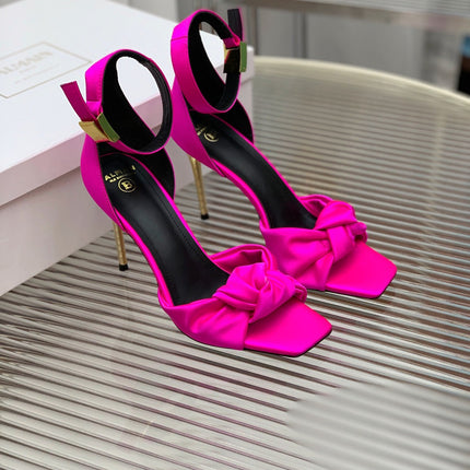 BALMAIN 25S KNOTTED HIGH HEELS 95MM IN NEON PINK SATIN
