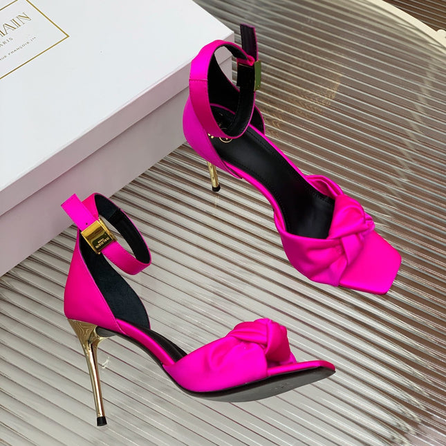 BALMAIN 25S KNOTTED HIGH HEELS 95MM IN NEON PINK SATIN
