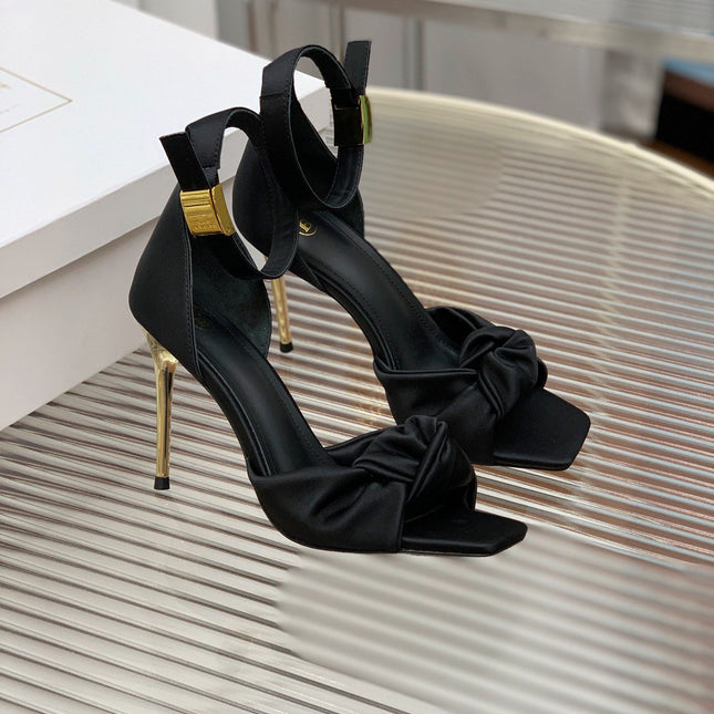 BALMAIN 25S KNOTTED HIGH HEELS 95MM IN BLACK SATIN