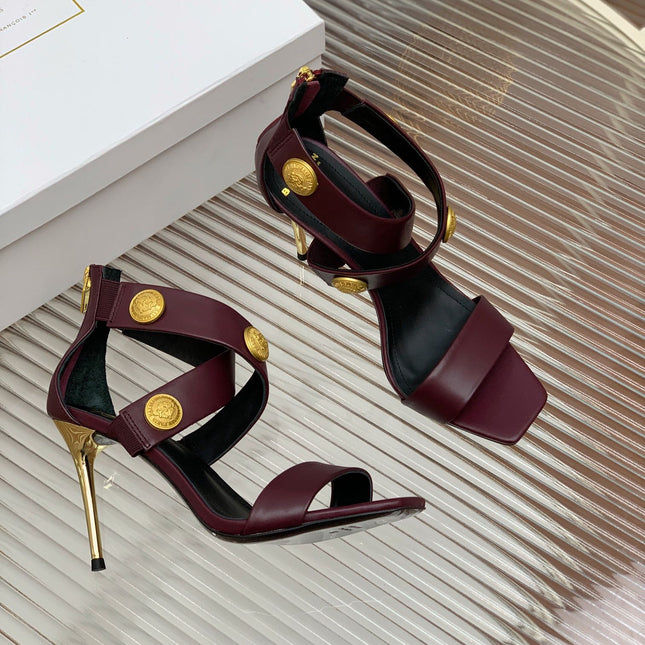 BALMAIN 25S CROSSOVER STRAP HIGH HEELS 95MM IN ROSEWOOD CALFSKIN