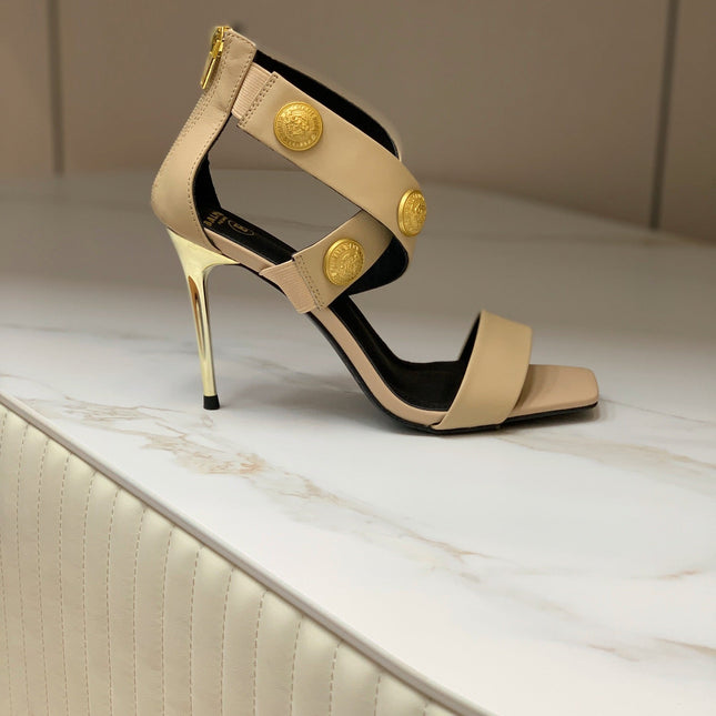 BALMAIN 25S CROSSOVER STRAP HIGH HEELS 95MM IN LIGHT BROWN CALFSKIN