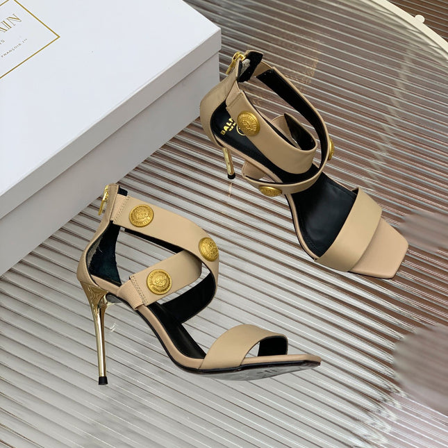 BALMAIN 25S CROSSOVER STRAP HIGH HEELS 95MM IN LIGHT BROWN CALFSKIN