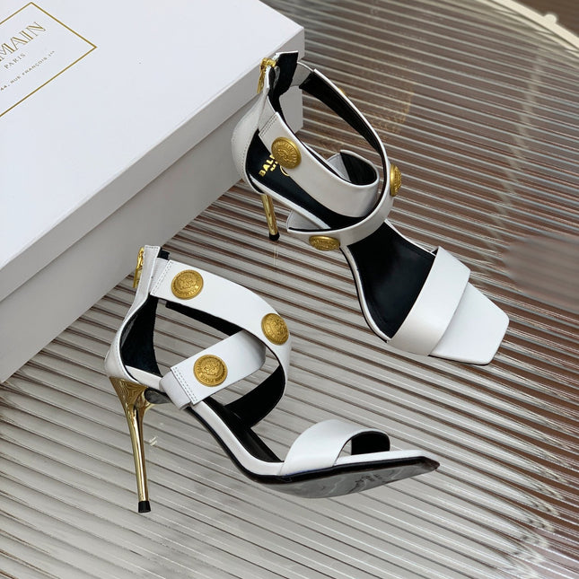 BALMAIN 25S CROSSOVER STRAP HIGH HEELS 95MM IN LIGHT GRAY CALFSKIN