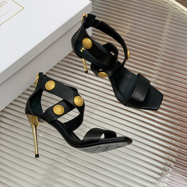 BALMAIN 25S CROSSOVER STRAP HIGH HEELS 95MM IN BLACK CALFSKIN