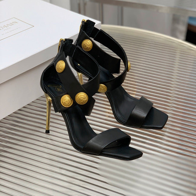 BALMAIN 25S CROSSOVER STRAP HIGH HEELS 95MM IN BLACK CALFSKIN