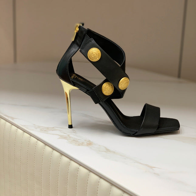 BALMAIN 25S CROSSOVER STRAP HIGH HEELS 95MM IN BLACK CALFSKIN