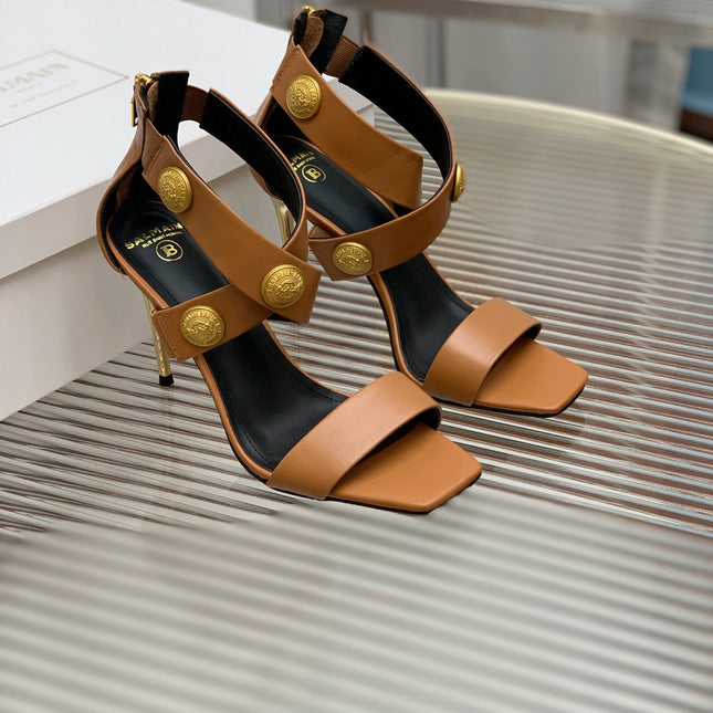 BALMAIN 25S CROSSOVER STRAP HIGH HEELS 95MM IN BROWN CALFSKIN