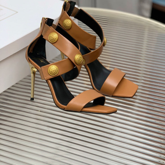 BALMAIN 25S CROSSOVER STRAP HIGH HEELS 95MM IN BROWN CALFSKIN