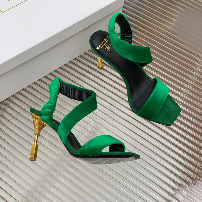 BALMAIN 25S MONETA HEELED SANDALS 95MM IN DARK GREEN VELVET
