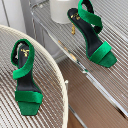 BALMAIN 25S MONETA HEELED SANDALS 95MM IN DARK GREEN VELVET