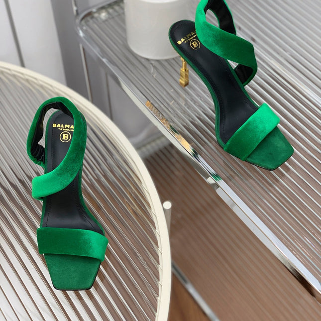 BALMAIN 25S MONETA HEELED SANDALS 95MM IN DARK GREEN VELVET