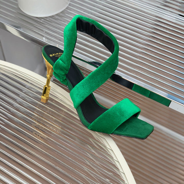 BALMAIN 25S MONETA HEELED SANDALS 95MM IN DARK GREEN VELVET
