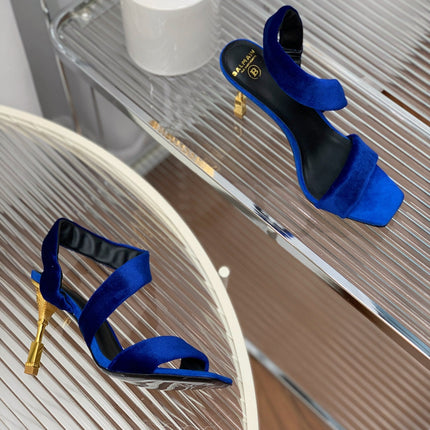 BALMAIN 25S MONETA HEELED SANDALS 95MM IN DARK BLUE VELVET