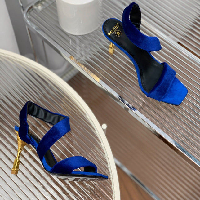 BALMAIN 25S MONETA HEELED SANDALS 95MM IN DARK BLUE VELVET