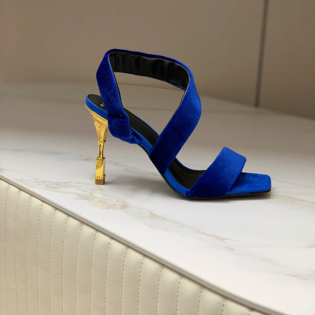 BALMAIN 25S MONETA HEELED SANDALS 95MM IN DARK BLUE VELVET