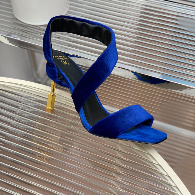 BALMAIN 25S MONETA HEELED SANDALS 95MM IN DARK BLUE VELVET