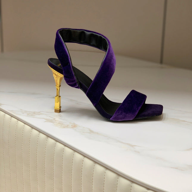 BALMAIN 25S MONETA HEELED SANDALS 95MM IN DEEP PURPLE VELVET