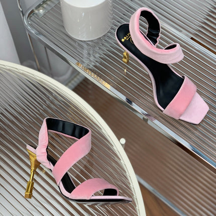 BALMAIN 25S MONETA HEELED SANDALS 95MM IN BABY PINK VELVET