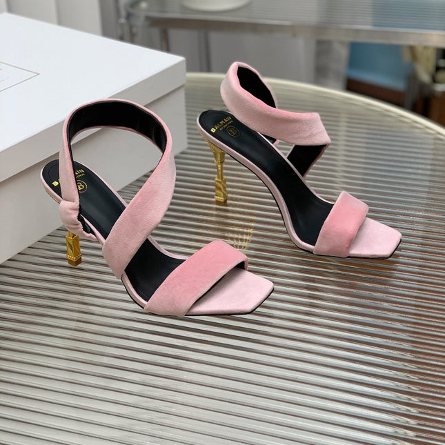 BALMAIN 25S MONETA HEELED SANDALS 95MM IN BABY PINK VELVET