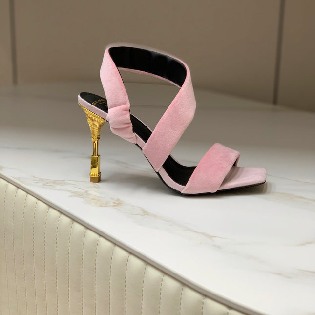 BALMAIN 25S MONETA HEELED SANDALS 95MM IN BABY PINK VELVET