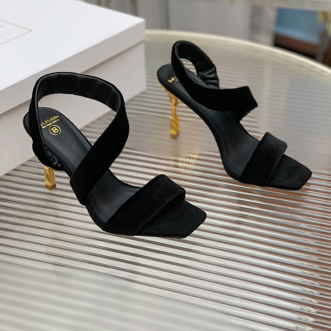 BALMAIN 25S MONETA HEELED SANDALS 95MM IN BLACK VELVET