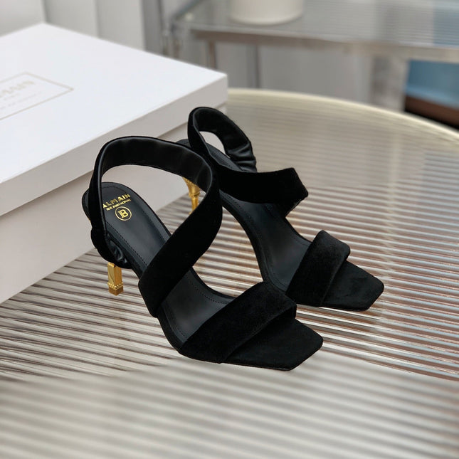 BALMAIN 25S MONETA HEELED SANDALS 95MM IN BLACK VELVET