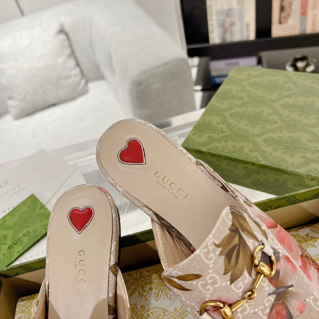 HORSEBIT FLOWER SLIPPER MULE IN LINEN BEIGE MONOGRAM JACQUARD FABRIC