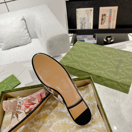 HORSEBIT FLOWER SLIPPER MULE IN LINEN BEIGE MONOGRAM JACQUARD FABRIC