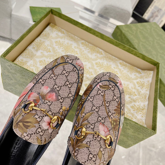 HORSEBIT LOAFER WITH FLOWER PRINT IN DARK BEIGE MONOGRAM JACQUARD FABRIC