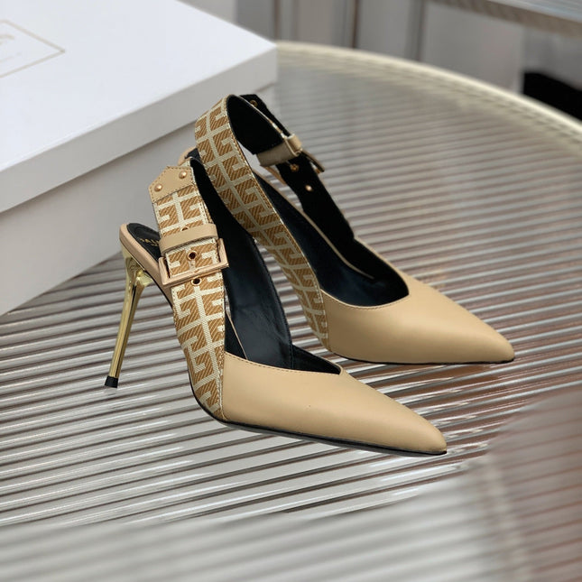BALMAIN 25S SLINGBACK SHOES 95MM IN LIGHT BROWN CALFSKIN