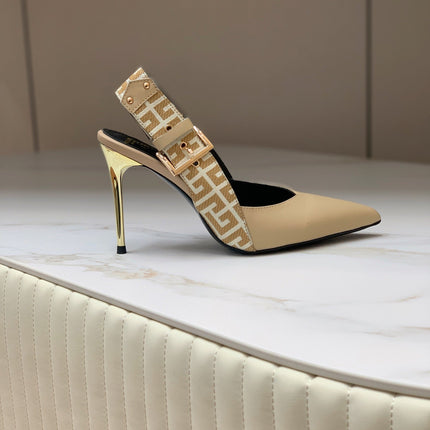 BALMAIN 25S SLINGBACK SHOES 95MM IN LIGHT BROWN CALFSKIN
