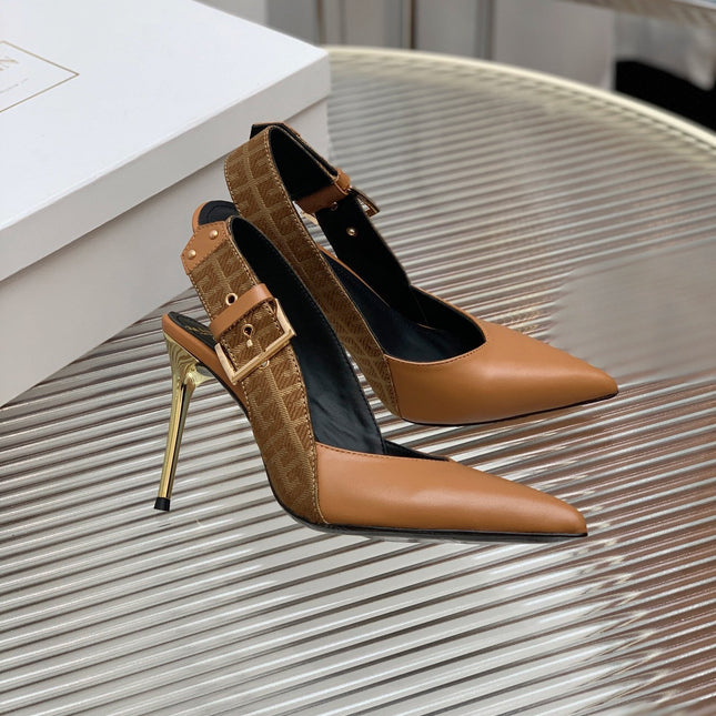 BALMAIN 25S SLINGBACK SHOES 95MM IN DARK BROWN CALFSKIN