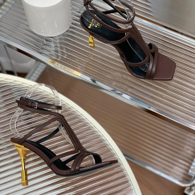 BALMAIN 25S MONETA SANDAL 95MM IN DARK BROWN CALFSKIN