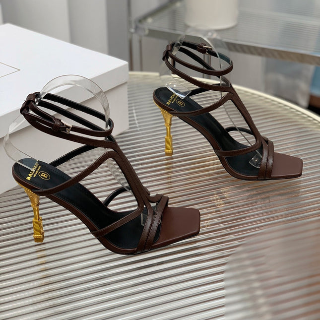 BALMAIN 25S MONETA SANDAL 95MM IN DARK BROWN CALFSKIN