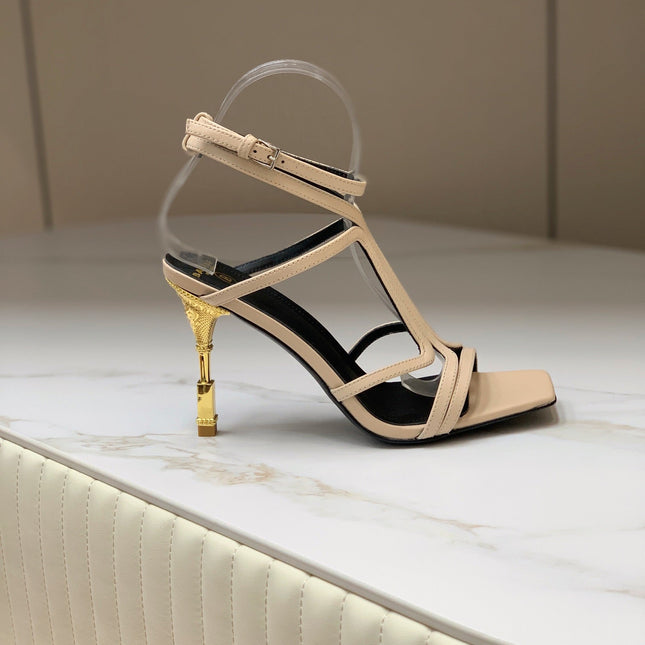 BALMAIN 25S MONETA SANDAL 95MM IN WARM BEIGE CALFSKIN