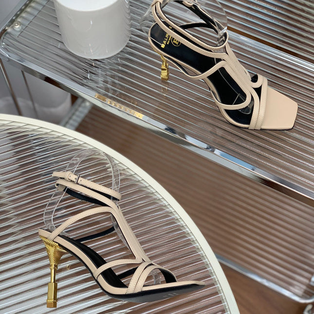 BALMAIN 25S MONETA SANDAL 95MM IN WARM BEIGE CALFSKIN