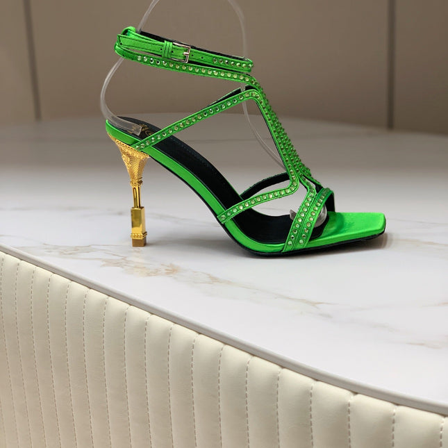 BALMAIN 25S MONETA SANDAL 95MM IN DARK GREEN CALFSKIN WITH CRYSTAL