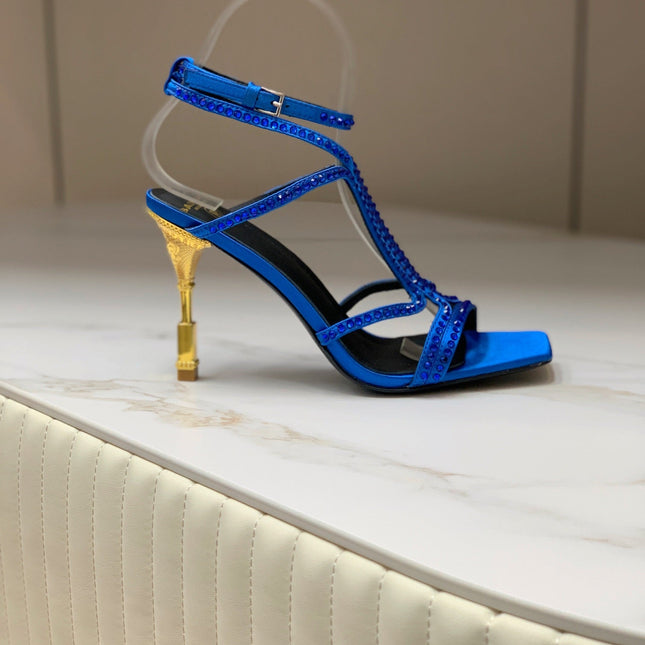 BALMAIN 25S MONETA SANDAL 95MM IN DARK BLUE CALFSKIN WITH CRYSTAL