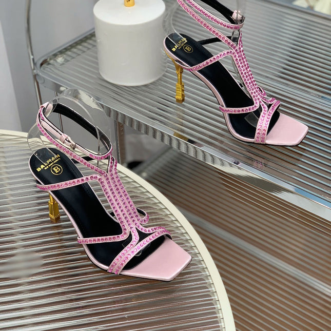 BALMAIN 25S MONETA SANDAL 95MM IN LAVENDER PINK CALFSKIN WITH CRYSTAL