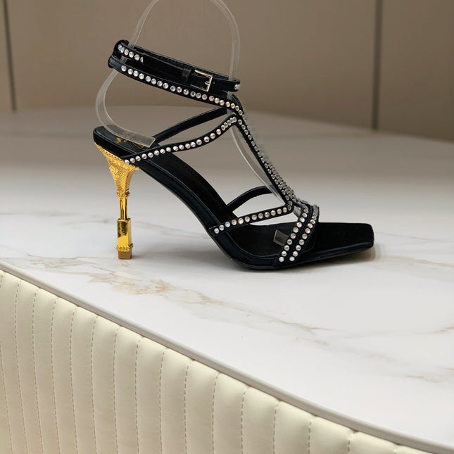 BALMAIN 25S MONETA SANDAL 95MM IN BLACK CALFSKIN WITH CRYSTAL