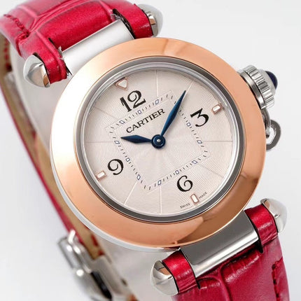 PASHA DE CARTIER WATCH ROSE GOLD AND SILVER CASE WITH CHERRY RED LEATHER STRAP