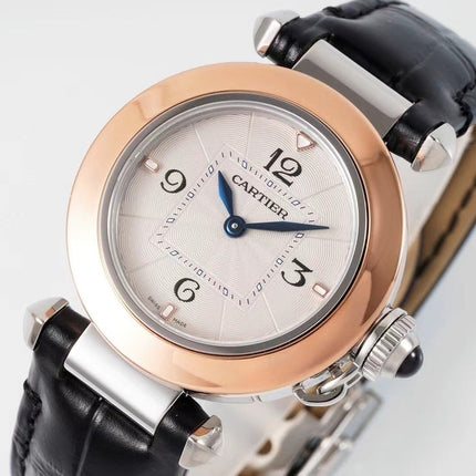 PASHA DE CARTIER WATCH ROSE GOLD AND SILVER CASE AND BLACK LEATHER STRAP