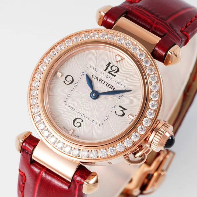 PASHA DE CARTIER WATCH ROSE GOLD CASE WITH CRYSTALS AND CRIMSON RED LEATHER STRAP