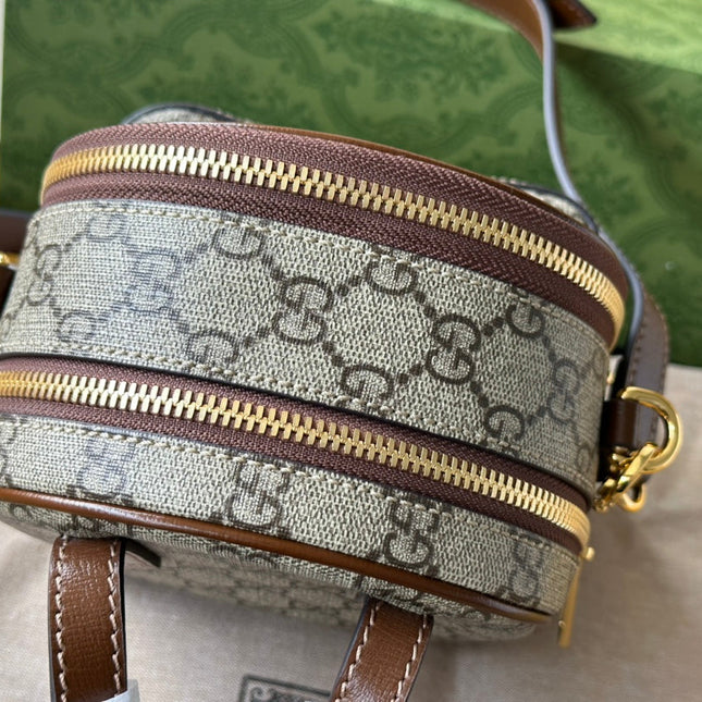 GG MULTI-FUNCTION MINI 19 BACKPACK IN BEIGE AND BROWN CANVAS