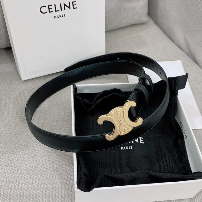 CELINE 25S TRIOMPHE BELT 25MM IN BLACK CALFSKIN GLOD HARDWARE 580679