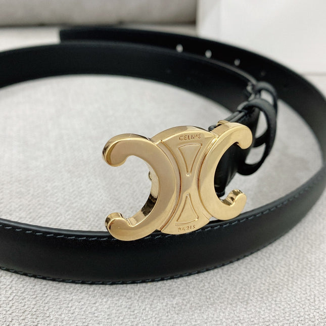 CELINE 25S TRIOMPHE BELT 25MM IN BLACK CALFSKIN GLOD HARDWARE 580679